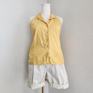 Vintage Y2K Yellow Cotton Halter Button Up Top Sleeveless Collared XL Summer